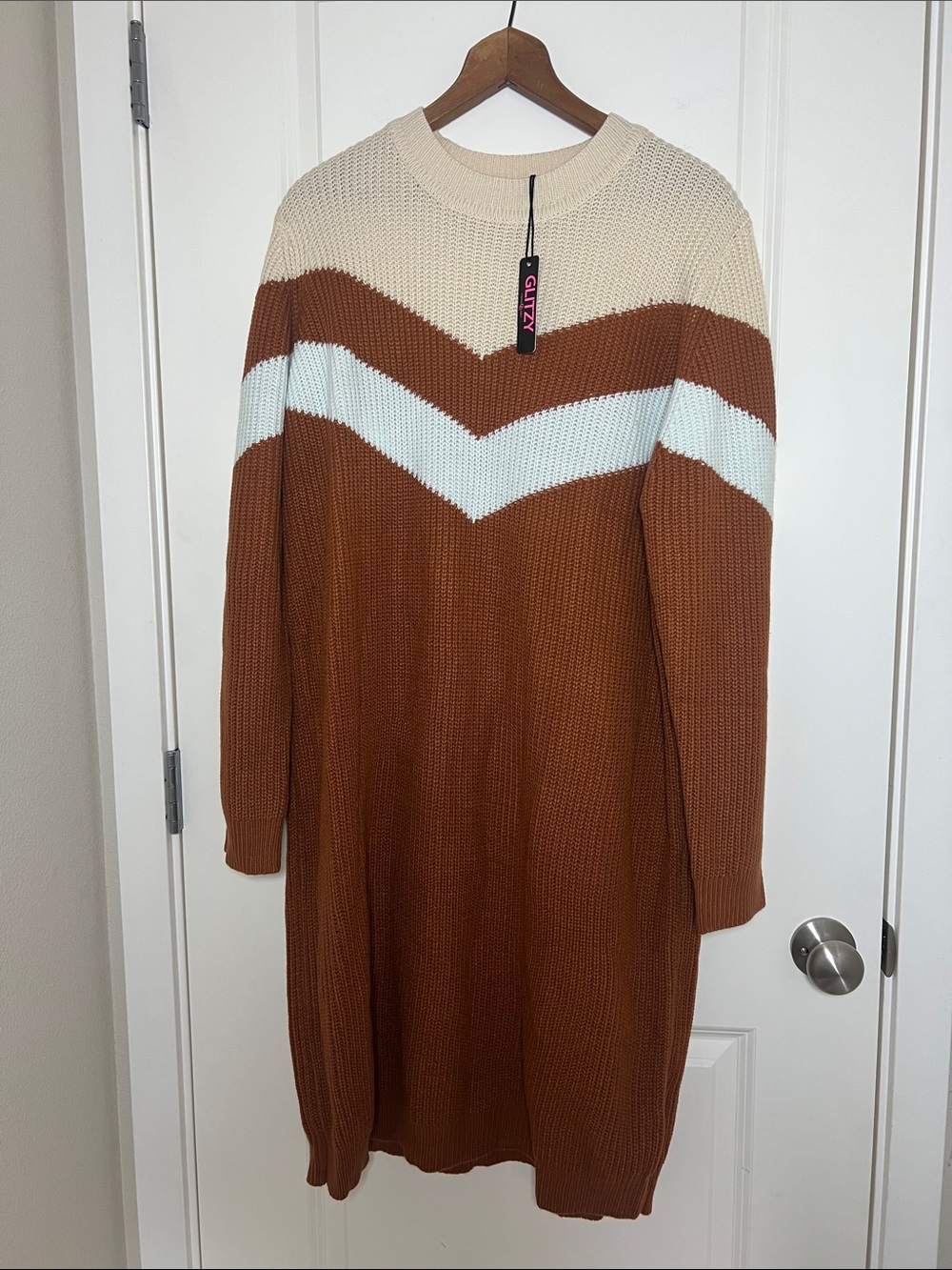 Glitzy Sweater Dress Burnt Orange Cream Chevron 3X